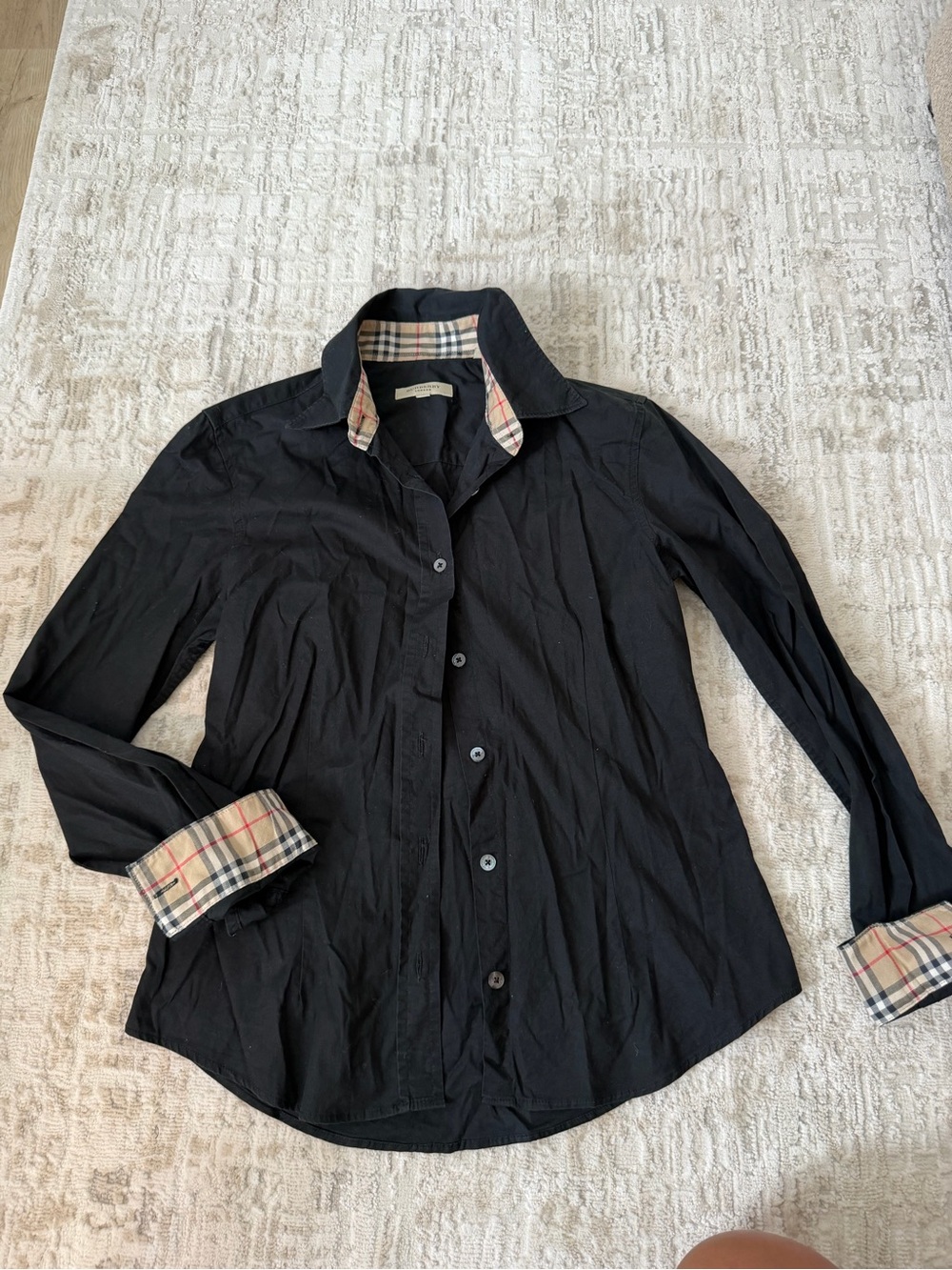 Burberry Black Button-Front Shirt Jacket with Beige Plaid Trim